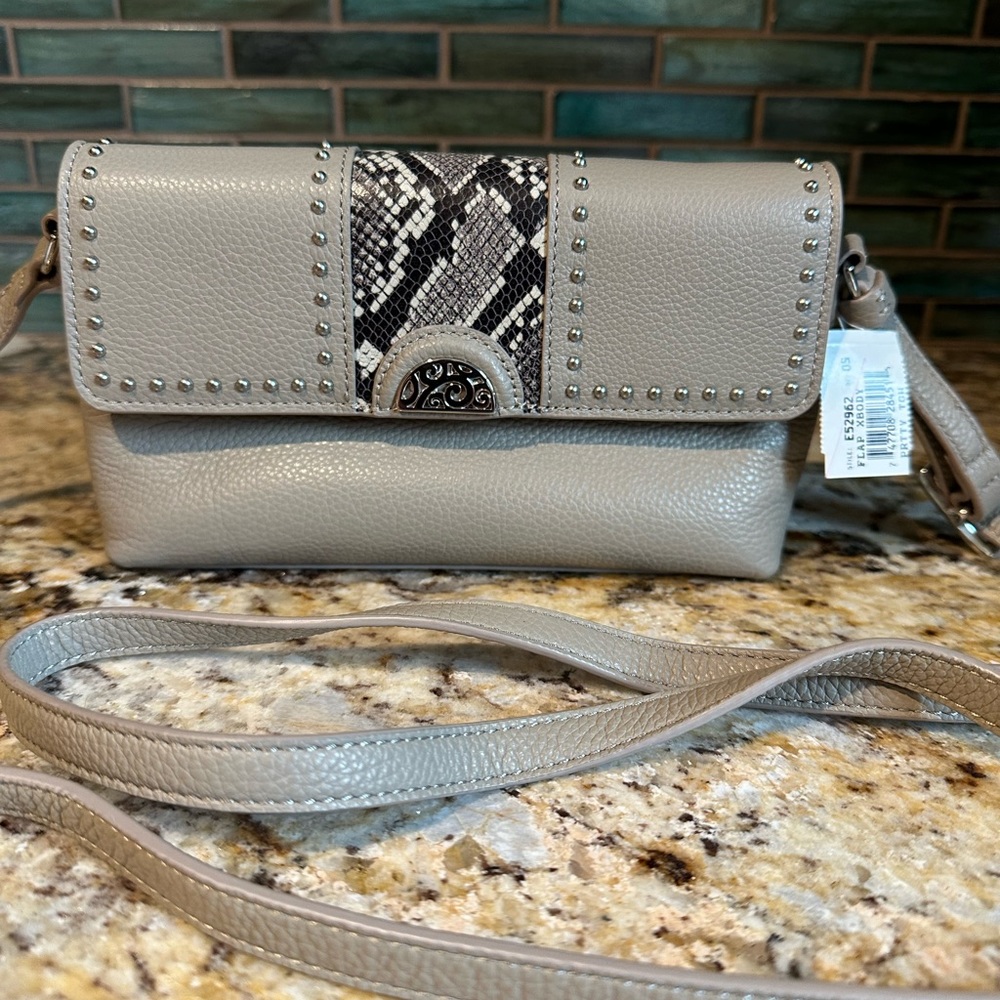 Brighton Pretty Tough Small Organizer Crossbody City Bag Studded Tan handbag